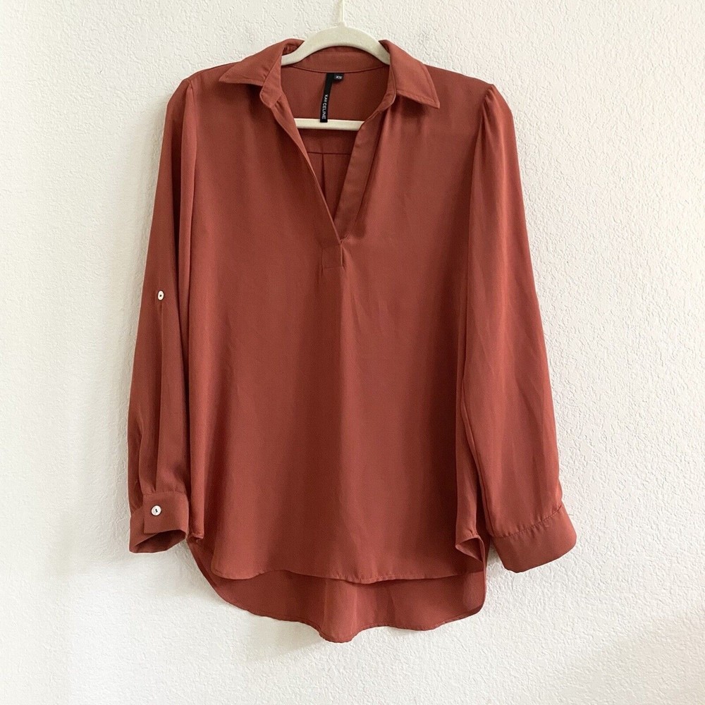 Kay Celine Roll Tab Long Sleeve V-Neck Tunic‎ Top Blouse Burnt Orange XS